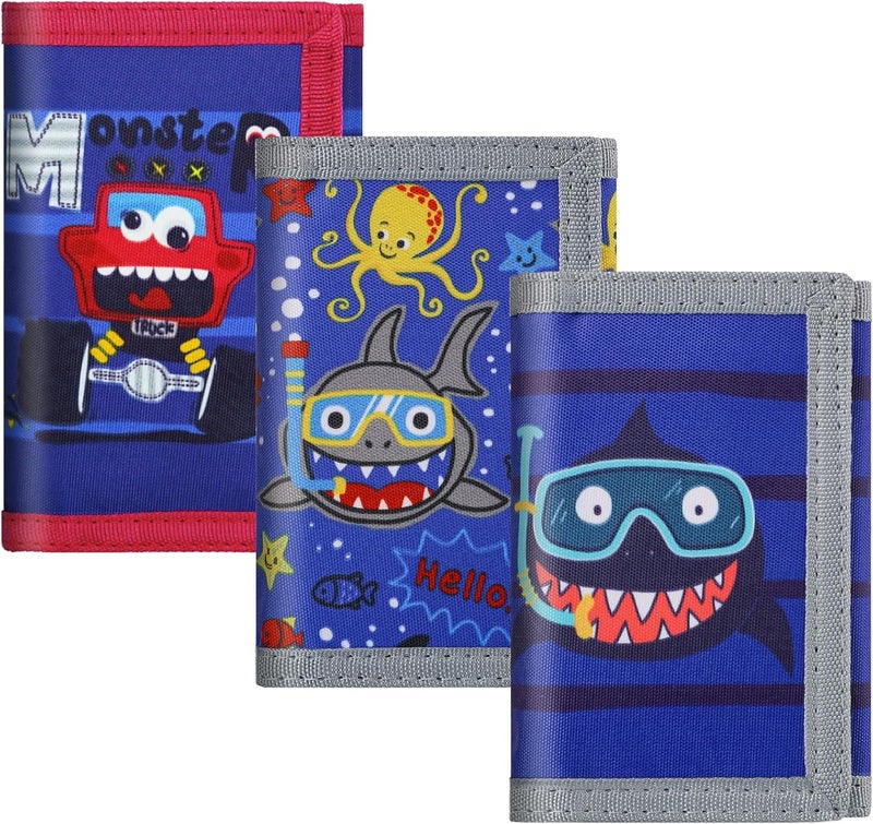 Sundee RFID Blocking Wallet,3 Packs Kids Wallet Bulk,Mini Trifold Coin Purse Cartoon Wallet,Front Pocket Wallet with Zipper for Kids,Canvas Outdoor Sports Wallets with Magic Sticker - Blue Shark - Image 1